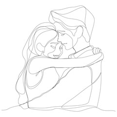 Happy couple hugging continuous one line drawing vector illustration