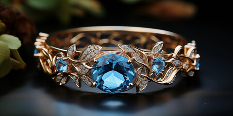 Brillianter Diamant Ring mit vielen blauen Saphir  Steinen und wunderschönem Design im Querformat für Banner, ai generativ