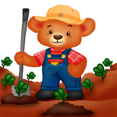 Agriculture concept. Teddy bear cartoon characters in work clothes. Planting cultivation in farm fields. Vector illustration.