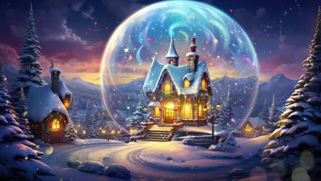 Enchanting winter house with glowing windows nestled among snowy pines under magical sky. Fantasy and dreamy landscape.