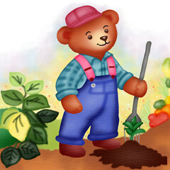 Agriculture concept. Teddy bear cartoon characters in work clothes. Planting cultivation in farm fields. Vector illustration.