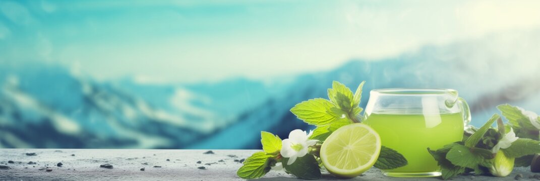 Green tea cup with mint leaves on white table. Snowy mountains blurry background. Christmas and New Year. Suitable for holiday greetings, winter promotions, or banner with free space for text