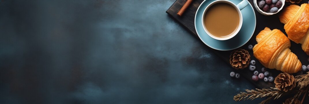 Coffee, croissants and blueberries on dark blue surface. Winter morning ritual. Tasty breakfast. Design for cafe menu, culinary banner with free space for text