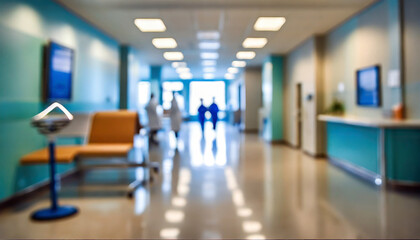 Fototapeta premium Hospital hallway, reception clinic. Unfocused background.