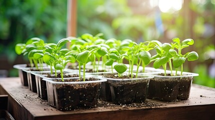 Seedlings growing in plastic container with soil on wood