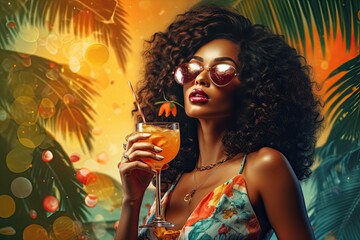 Tropical backdrop with woman holding orange cocktail, wearing floral attire. Curly hair, round sunglasses, golden hue. Tropical vacation and lifestyle.