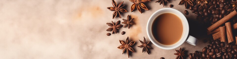 Cup of hot coffee surrounded by anise stars, coffee beans on a warm-toned textured background. Christmas and New Year. Suitable for winter promotions, café menus, banner with free space for text - obrazy, fototapety, plakaty