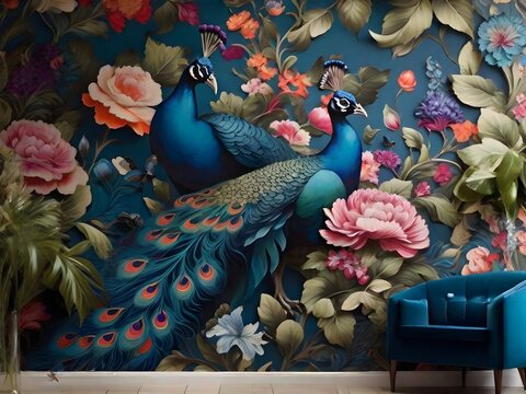 watercolor wallpaper painting of a peacock bird jungle and leaves tropical forest texture drawing decoration vintage background. Generative AI