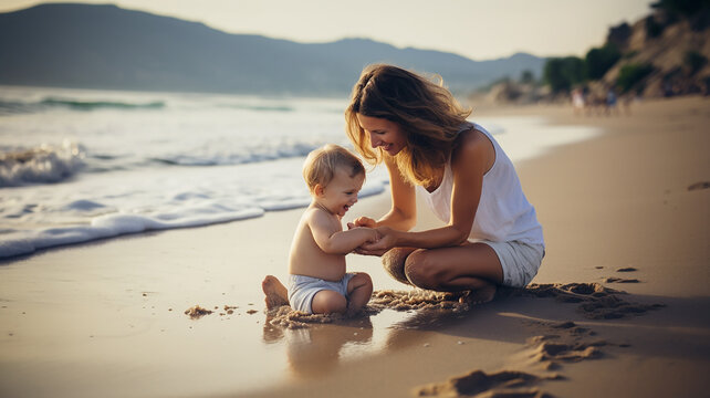 mother plays with her adorable son at the beach