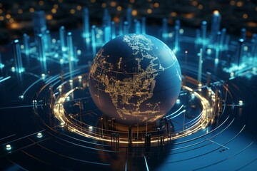 3D visualization of worldwide technologies and interconnected communications featuring a fictional globe. Generative AI