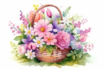 Fototapeta na wymiar adorable watercolor Easter basket. Generative AI
