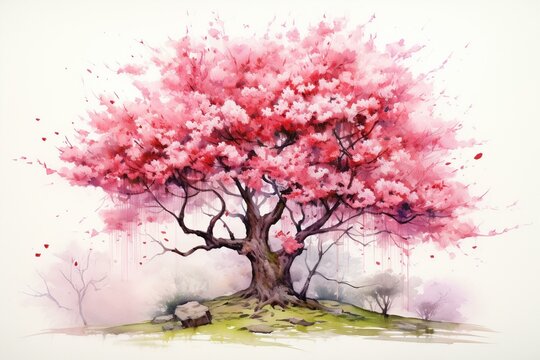 Watercolor illustration of a cherry blossom tree. Generative AI