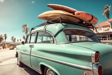 Vintage car with surfboard and suitcases against blue sky, representing tourism or vacation. Generative AI