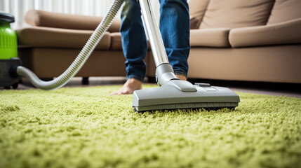 Young woman using a vacuum cleaner while cleaning carpet in the house.
