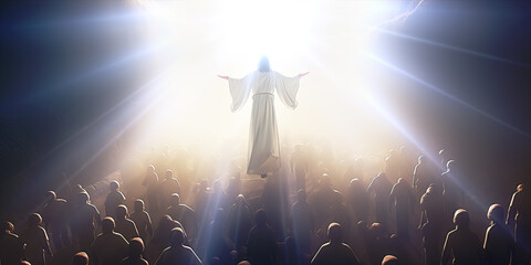 The Saviour, returning and rising, Jesus Christ,  ascending with bright, shining, healing golden and blue light and followers, Heaven on earth - obrazy, fototapety, plakaty