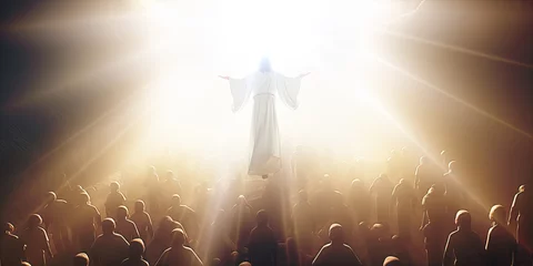 Fototapeten Jesus Christ, the saviour, rising, ascending with bright, shining, healing golden light and followers, Heaven on earth © Nick