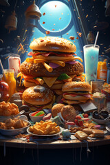 Various unhealthy junk food, chips, burgers, pizza, and sugary snacks. This image conveys the concept of junk food addiction