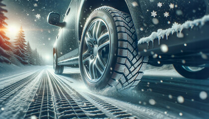 スタッドレスタイヤで雪道を安全に走行：タイヤのグリップと舞い散る雪片 - obrazy, fototapety, plakaty
