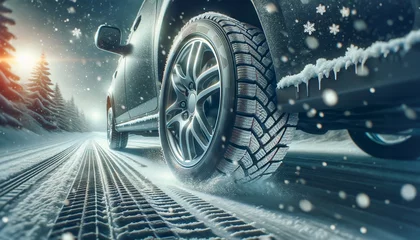 Foto op Plexiglas スタッドレスタイヤで雪道を安全に走行：タイヤのグリップと舞い散る雪片 © WATA3