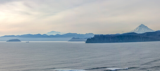 View of Avacha Bay and Vilyuchinsky Volcano on Kamchatka Peninsula