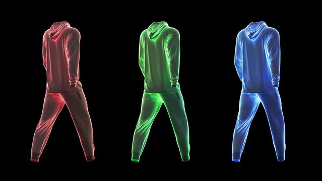 3D animation of a neon Tracksuit Mockup Walking and Rotating Loop Animation for Apparel Design