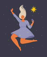 Beautiful joyful girl jumps with happiness and joy and the stars shine brighter for her. Fantasy and imagination, mental health and psychology. Positivity and optimism. Poster or banner.