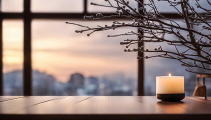 Winter wood table with window view of city and candle and branch with copy space - obrazy, fototapety, plakaty