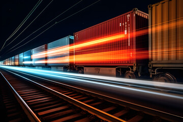 Fototapeta na wymiar Long exposure photo of a train in motion. Rail freight transportation concept