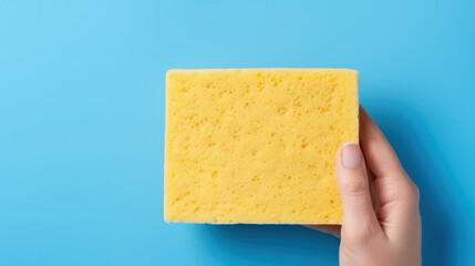 Sponge for washing and cleaning in female hand. Hand in a latex glove isolated on white.