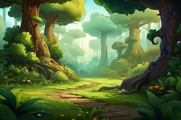 Illustration of an enchanting cartoon forest land with realistic artwork style, suitable for wallpaper, game background, and card design. Generative AI