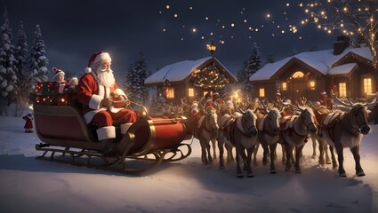 Santa Claus goes to the children with his sleigh full of lights. - obrazy, fototapety, plakaty
