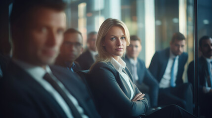 bussiness woman looking into camera, surrounded by businessman. Generative Ai
