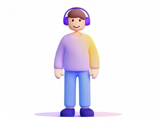 3D Charater standing and Wear headphones, Happy wearing headphones holding mobile using cellphone dancing enjoying listening. AI generated.