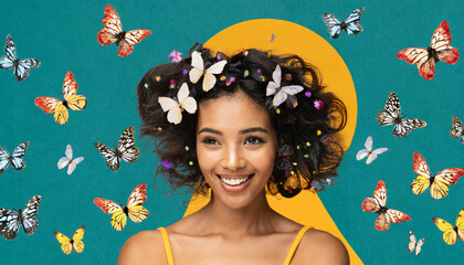 Surreal portrait of a woman with butterflies in her hair. Abstract photo in pop art collage style.
