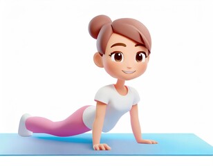 3D Character practicing yoga doing push and press ups plank pose. AI generated.