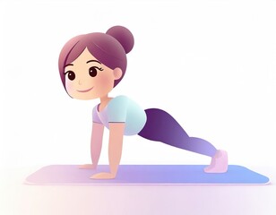 3D Character practicing yoga doing push and press ups plank pose. AI generated.