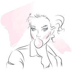 Fashion Woman blows a bubble gum, line art. Abstract portrait of beautiful girl, sketch vector illustration
