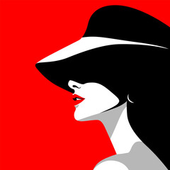 Profile of young beautiful fashion woman wearing hat, minimalist vector illustration. Abstract female portrait, contemporary design in red, black, white and gray colors