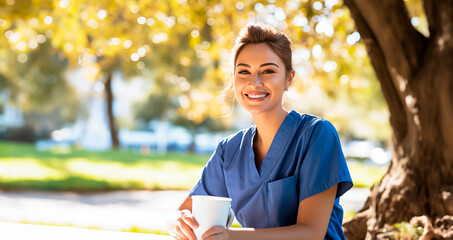 Nurse or doctor, taking a break and having a cup of coffee or tea. Concept of health care professionals outside of work. Shallow field of view.