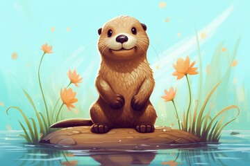 Illustration of an adorable cartoon otter. Generative AI