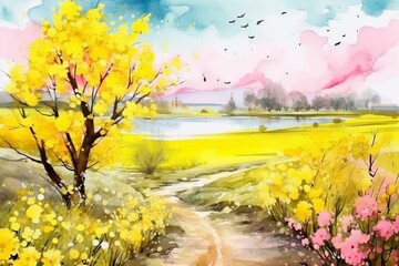 Spring landscape with blooming cherry blossoms and rapeseed flowers. Watercolor illustration. Generative AI
