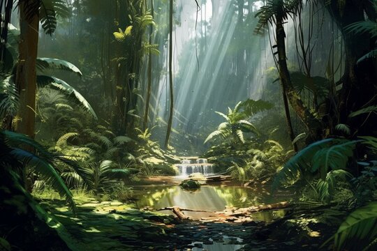 Realistic forest illustration with jungle scenery. Generative AI © Cedric