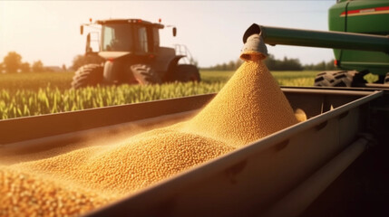 Harvester pouring freshly harvested corn maize seeds or soybeans into container trailer near, closeup detail, afternoon sunshine. Agriculture concept.  AI