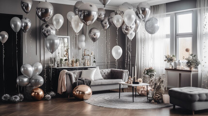 Elegant New Year's Eve Celebration Birthday : Beautifully Decorated Apartment with Silver Balloons