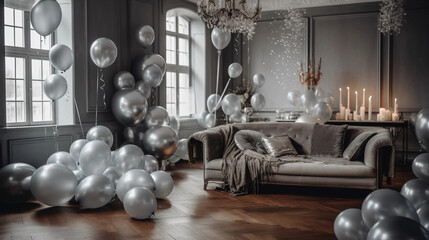 Elegant New Year's Eve Celebration Birthday : Beautifully Decorated Apartment with Silver Balloons - obrazy, fototapety, plakaty