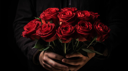 Man's Hands Gifting a Gorgeous Bouquet of Red Roses for Valentine's Day