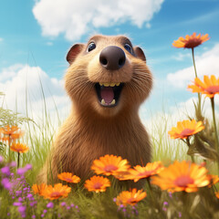 cute gopher rodent character smiling amongst flowers in meadow sunny day