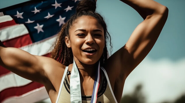 Triumphant US Athlete in Paris: Celebrating Olympic Victory with Medals. Raising US Flag .