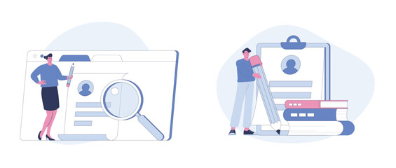 Job Application and Resume Writing. Flat Cartoon Vector Illustration.