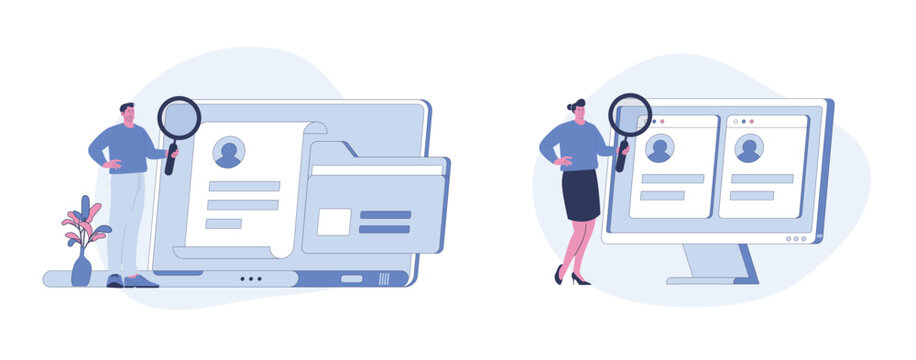 Job Search and Profile Review. Flat Cartoon Vector Illustration.